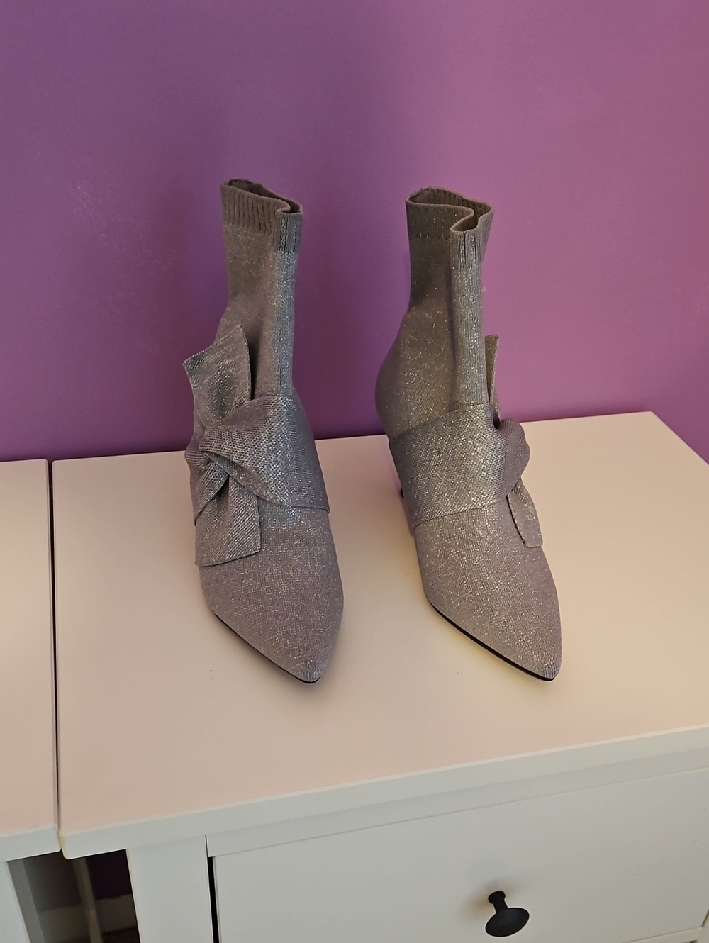 Women’s Silver Knit Pointed Ankle Boots with Knot Detail